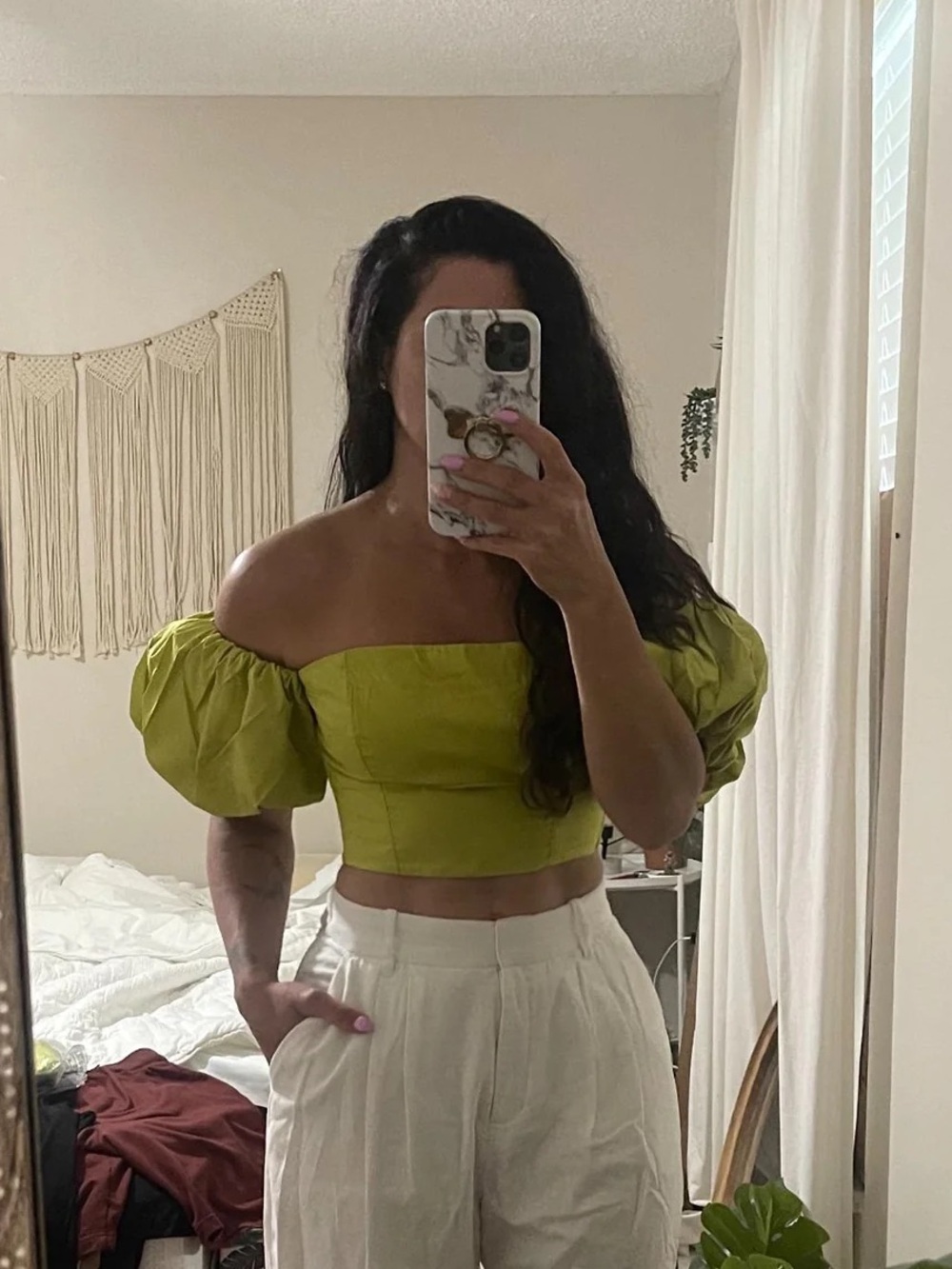 Abercrombie Off-Shoulder Puff Sleeve Crop Top Chartreuse